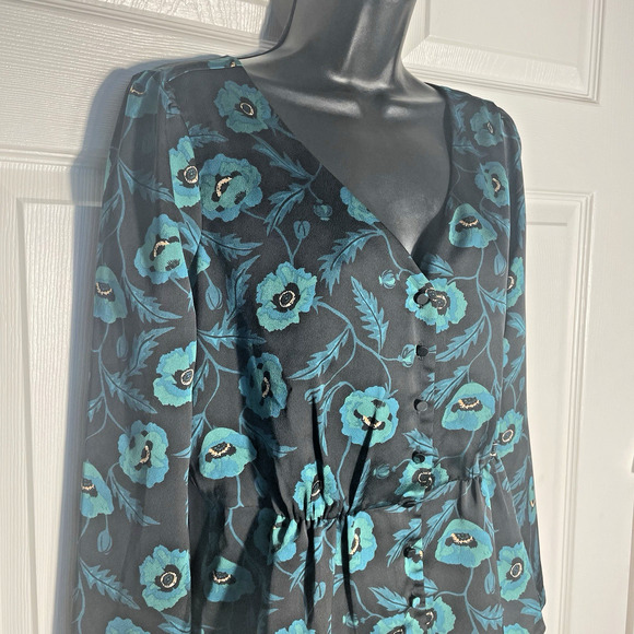 J Crew Shirt Women 6 Black Green Poppies Button Up Bloomcore Blouse Grunge Top - Picture 2 of 14